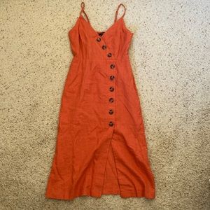 FOREVER 21 Orange Rust Linen Button-Front Sexy Bodycon High Slit Midi Dress